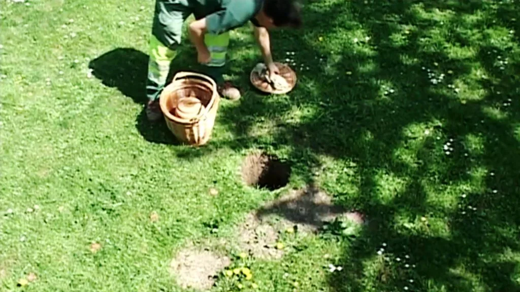 Preparations at a gravesite on a lawn.